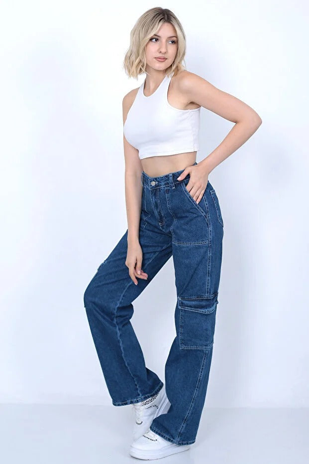 Kadın Koyu Mavi Kargo Cepli Pantolon Jeans -0307