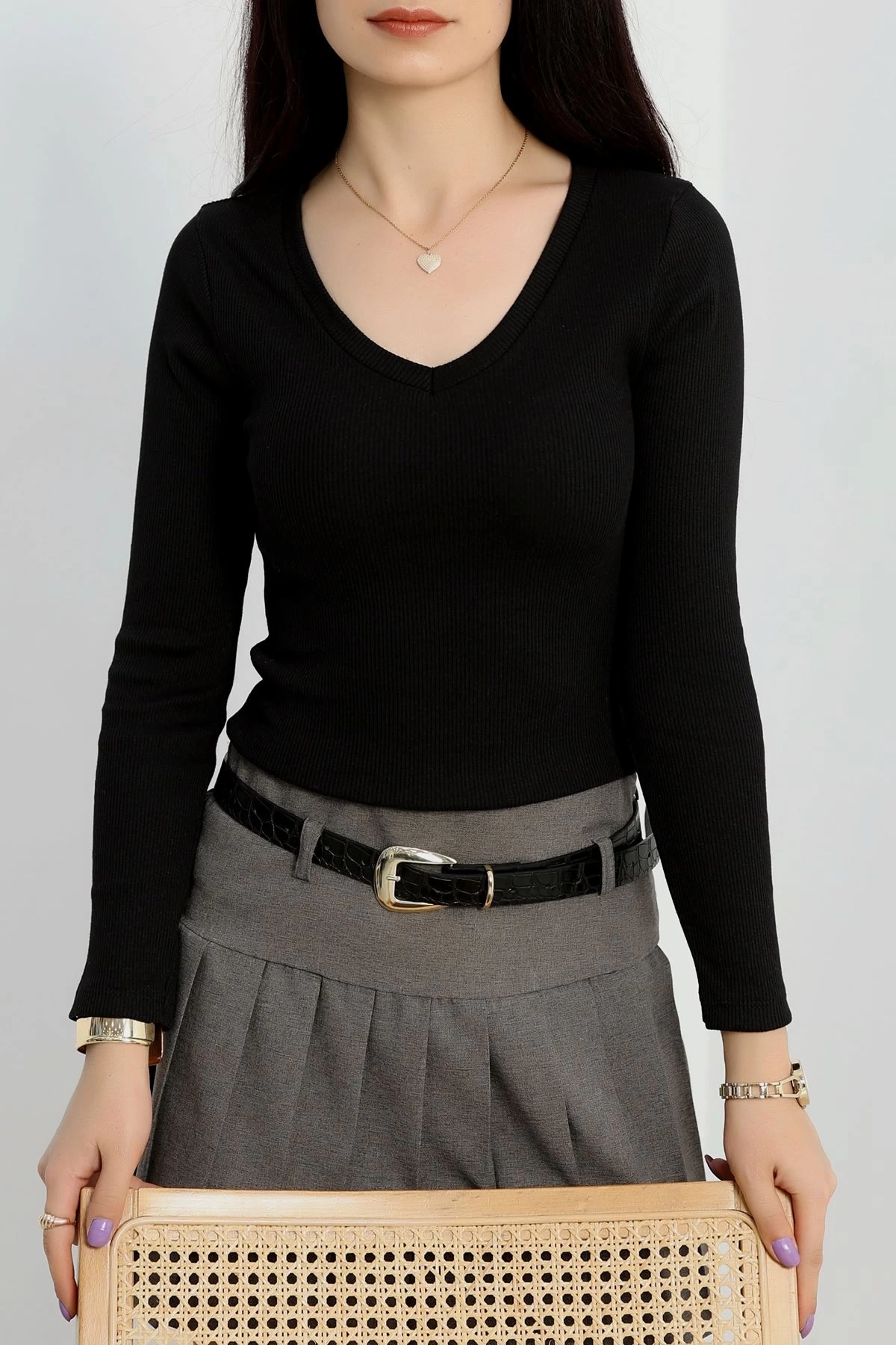 V Yaka Kaşkorse Bluz - 0176