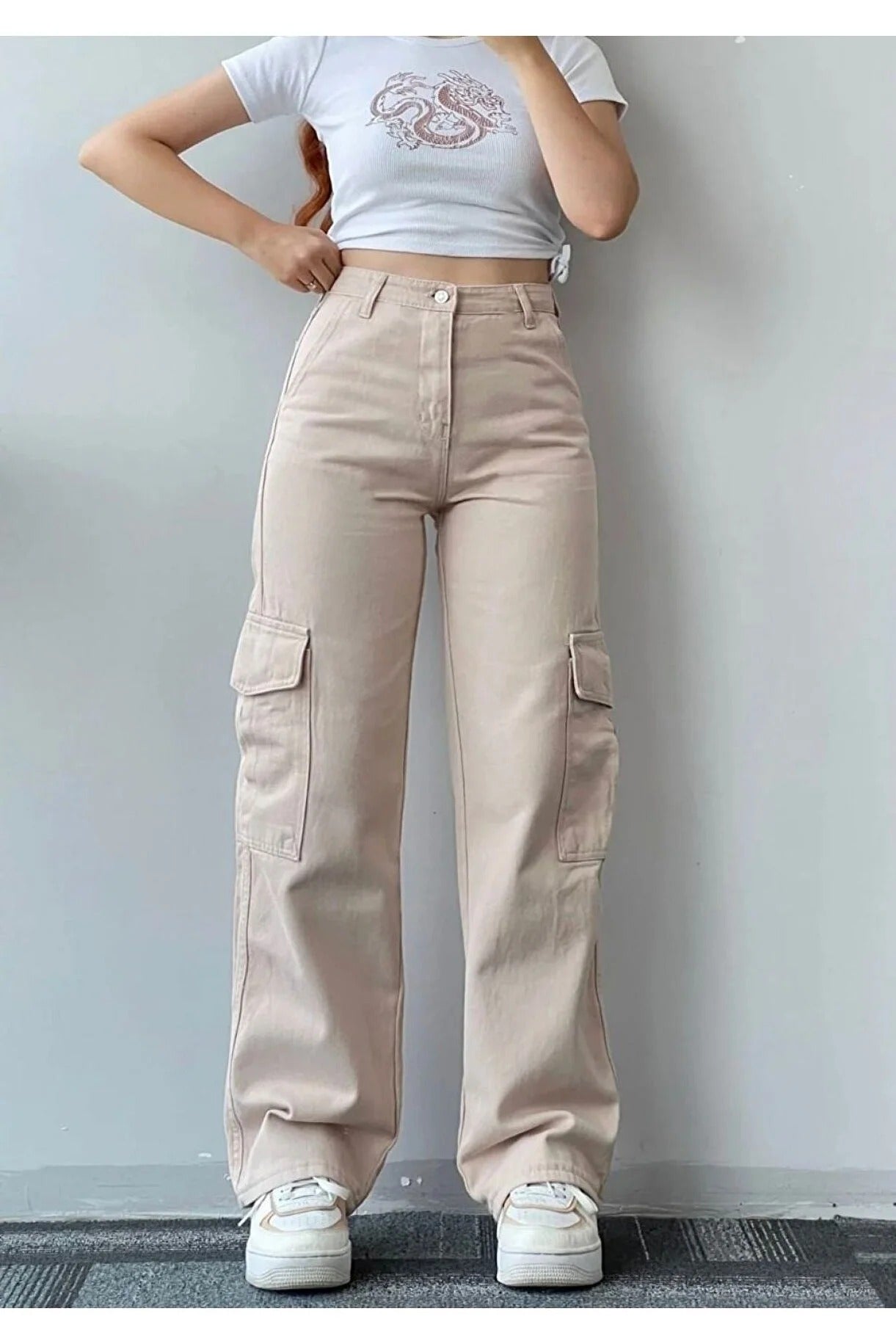 Kadın Bej Kargo Cep Palazzo Wide Leg Bej Kargo Cep Pantolon - 0306