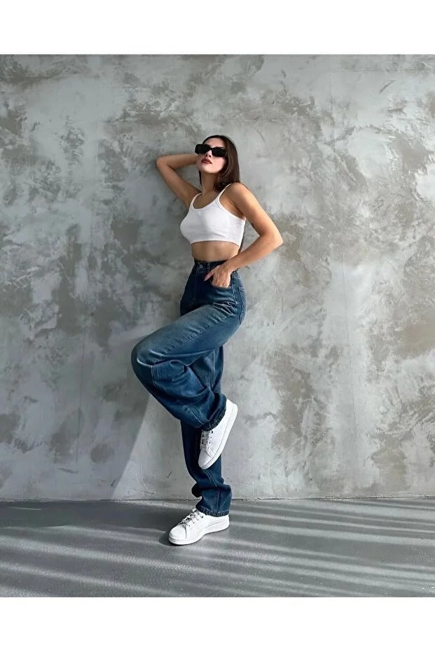 Kadın Mavi Yüksek Bel Kemer Detaylı Bol Paça Rahat Kalıp Baggy Pantolon - 0304