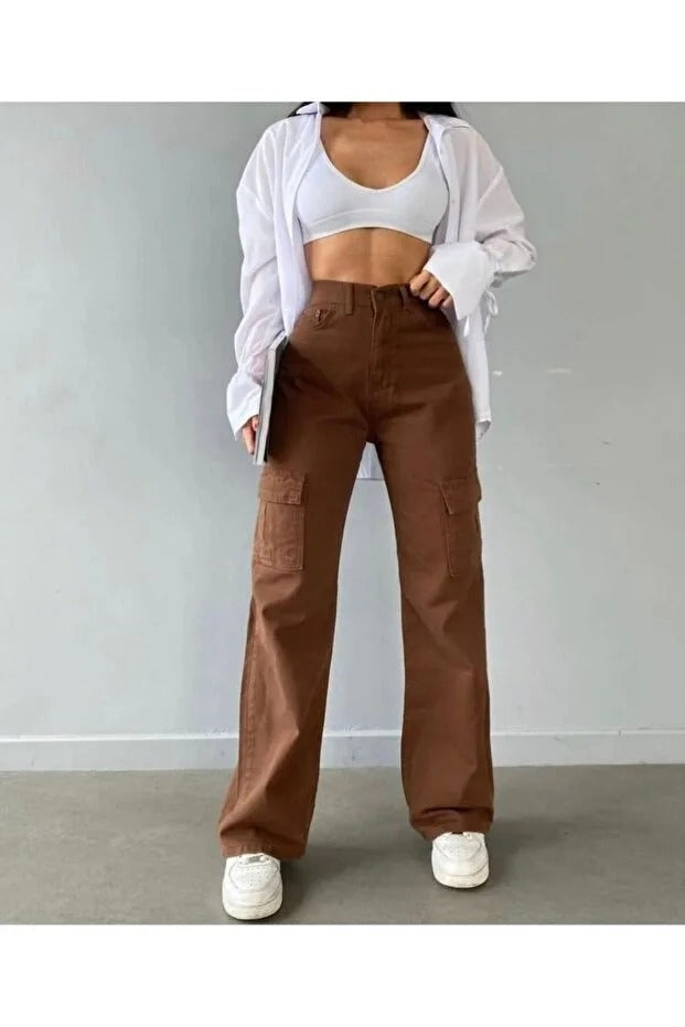 Kadın Kahve Yüksek Bel Kargo Cepli Bol Paça Pantolon - 0309