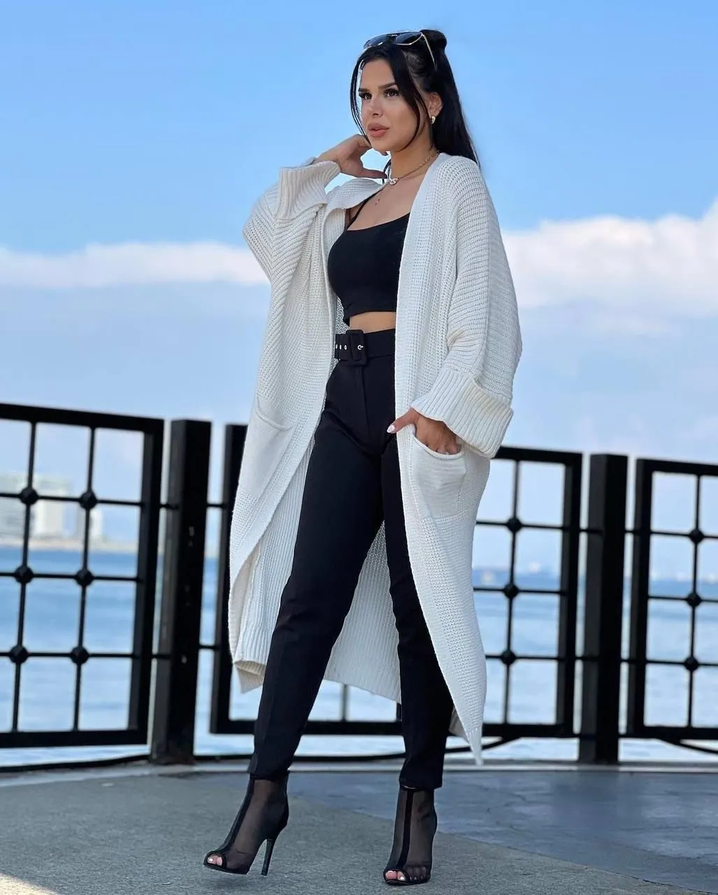 Kadın Cepli Yarasa Kol Uzun Triko Hırka - Beyaz Uzun Ceket - 0240