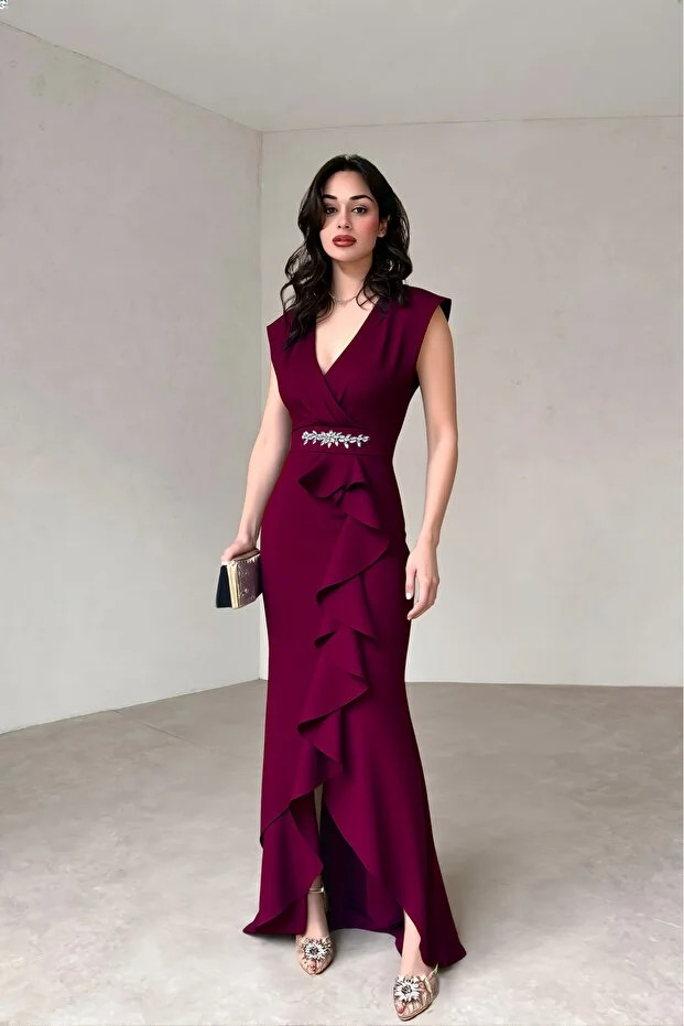 Kadın Bordo V Yaka Taş Detaylı Volanlı Abiye - Şık Uzun Elbise - 0231