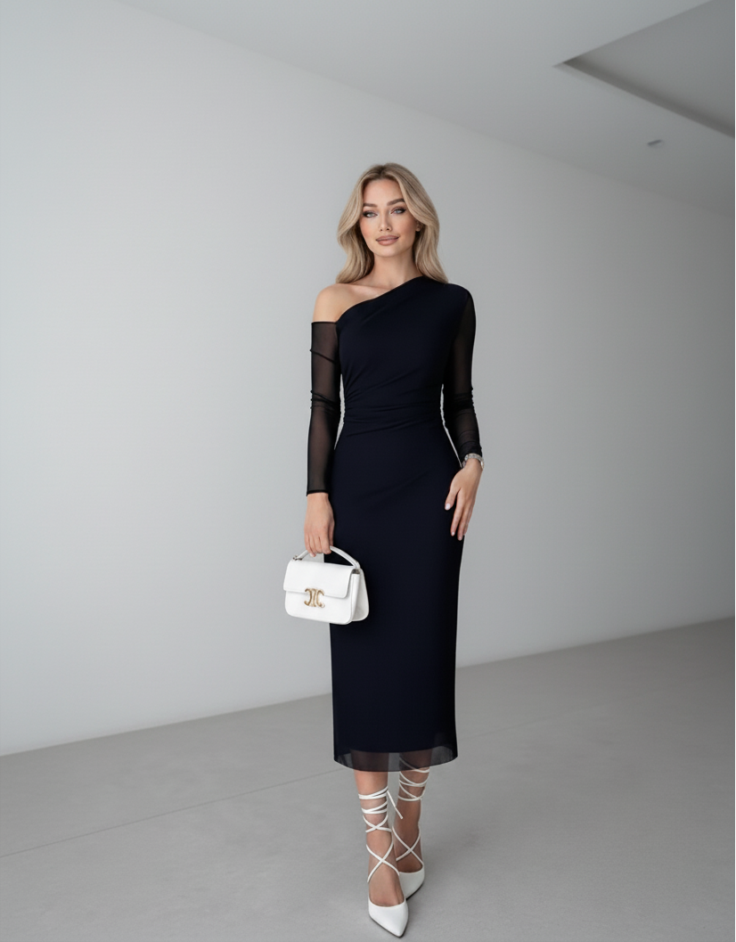 Astarlı Tek Omuz Sade Siyah Tül Elbise - 0160