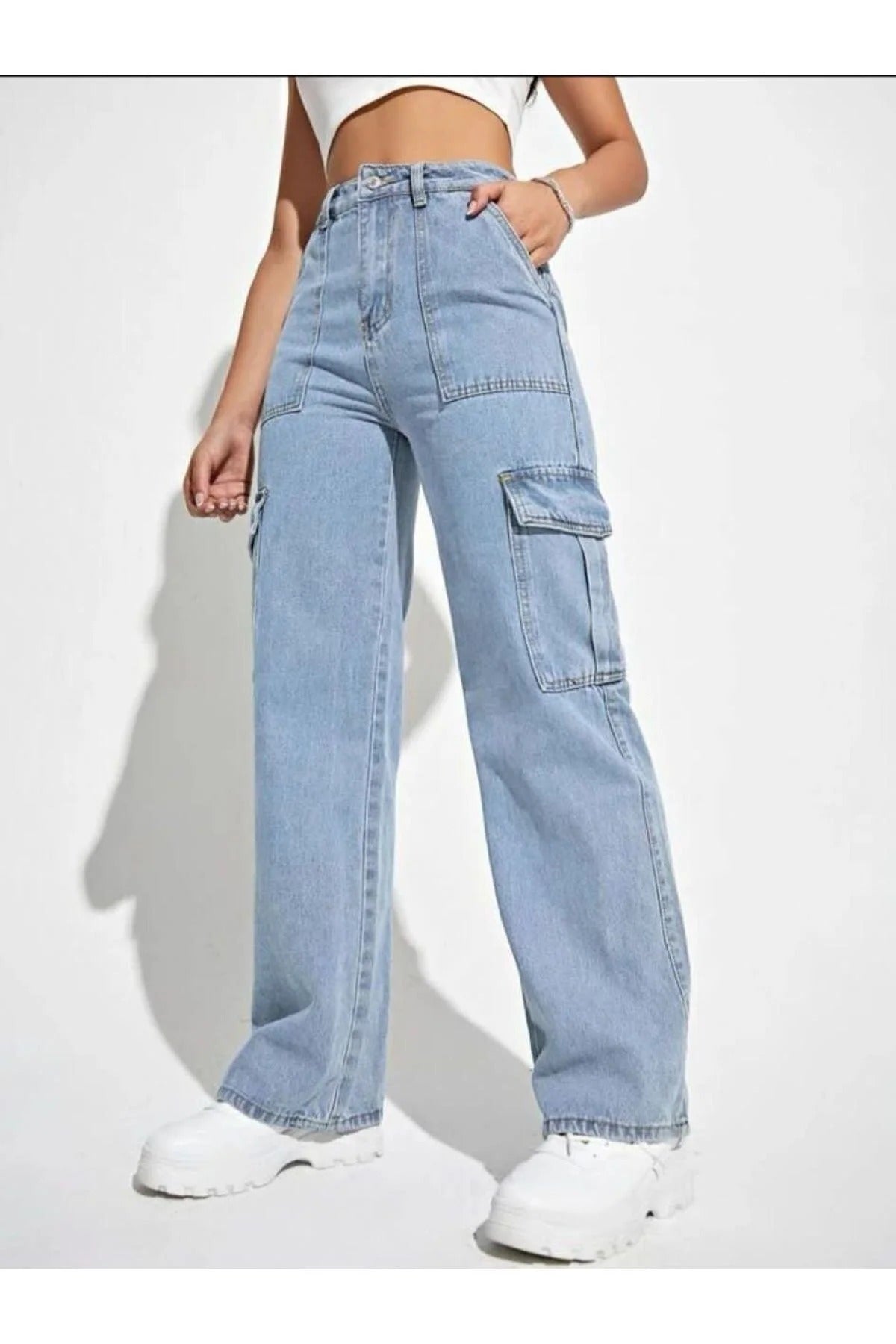 Kadın Koyu Mavi Kargo Cepli Pantolon Jeans -0308