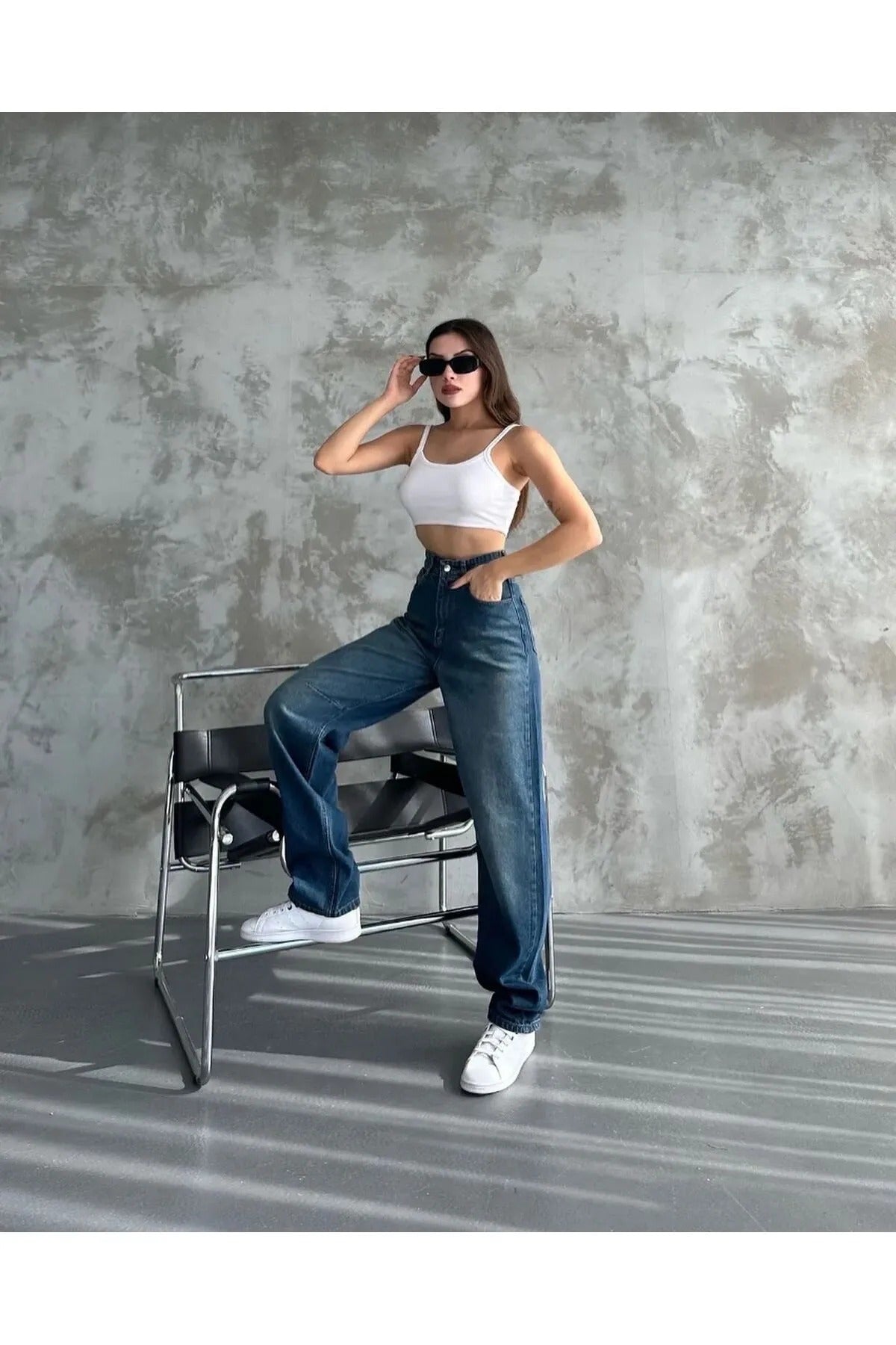 Kadın Mavi Yüksek Bel Kemer Detaylı Bol Paça Rahat Kalıp Baggy Pantolon - 0304