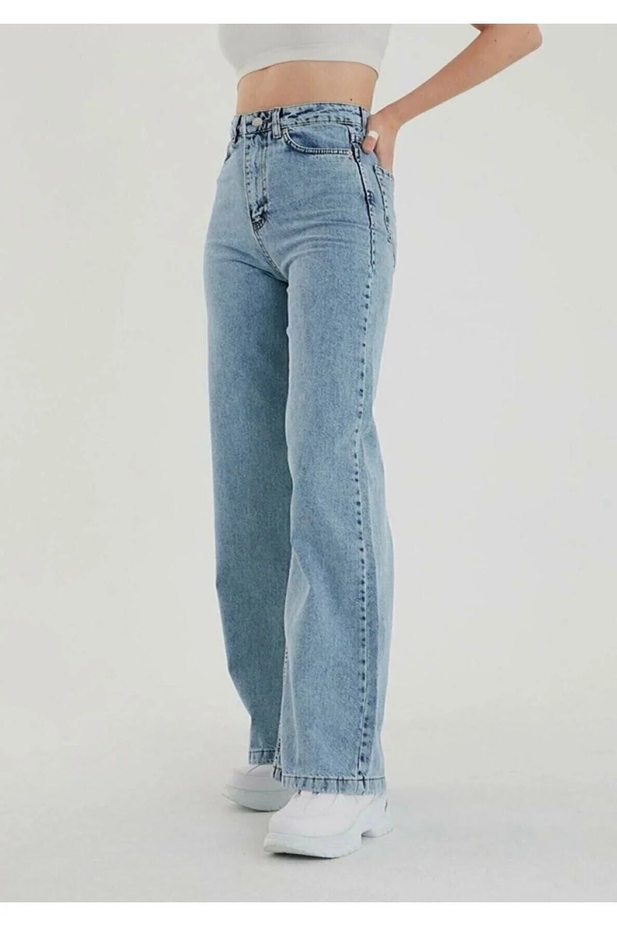 Kadın Kar Yıkama Mavi Süper Yüksek Bel Salaş Jeans Palazzo Pantolon - 0301