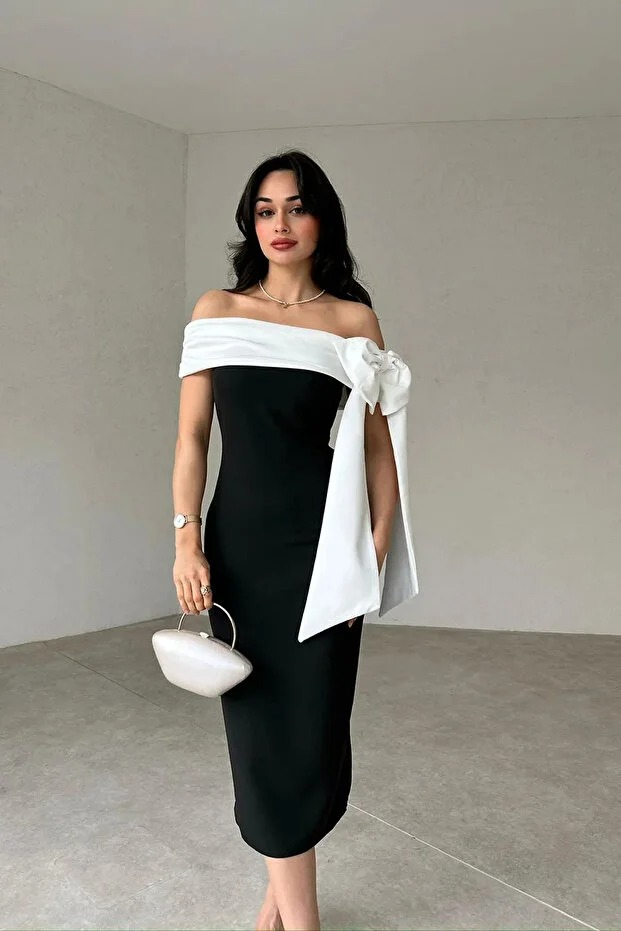 Kurdele Omuz Detaylı Madonna Yaka Özel Gece Elbise - 0226