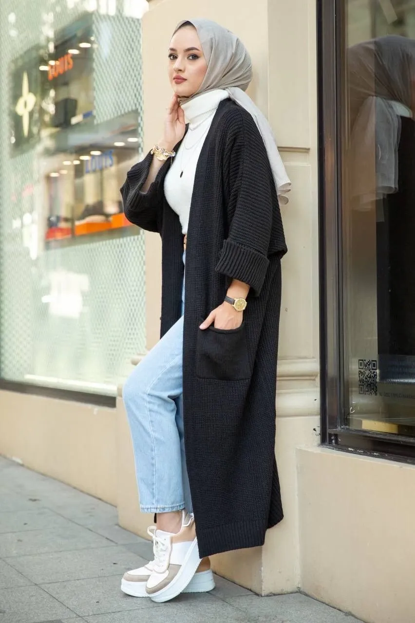 Kadın Cepli Yarasa Kol Uzun Triko Hırka - Beyaz Uzun Ceket - 02041