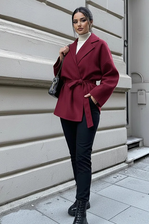 Kadın Belden Bağlamalı Oversize Ceket - Bordo Kaşe Kaban - 0227