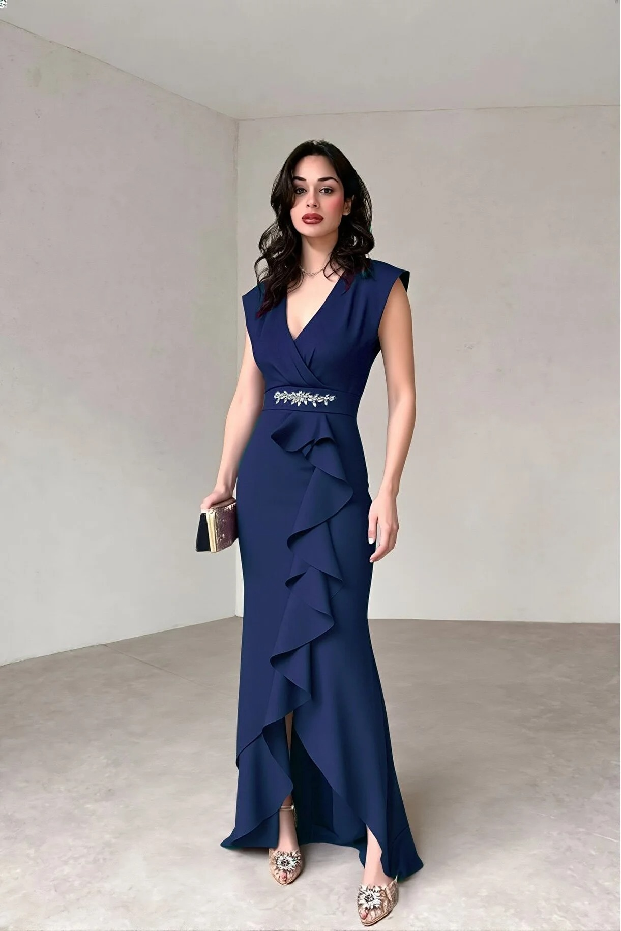 Kadın Lacivert V Yaka Taş Detaylı Volanlı Abiye - Şık Uzun Elbise - 0232