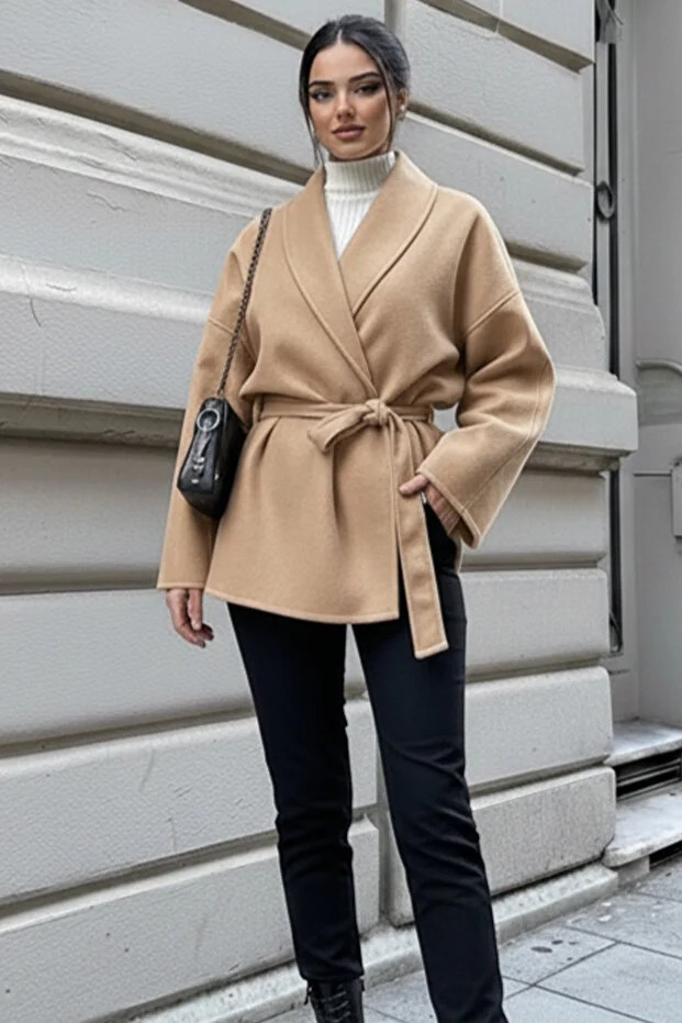 Kadın Belden Bağlamalı Oversize Ceket - Kahverengi Kaşe Kaban - 0229