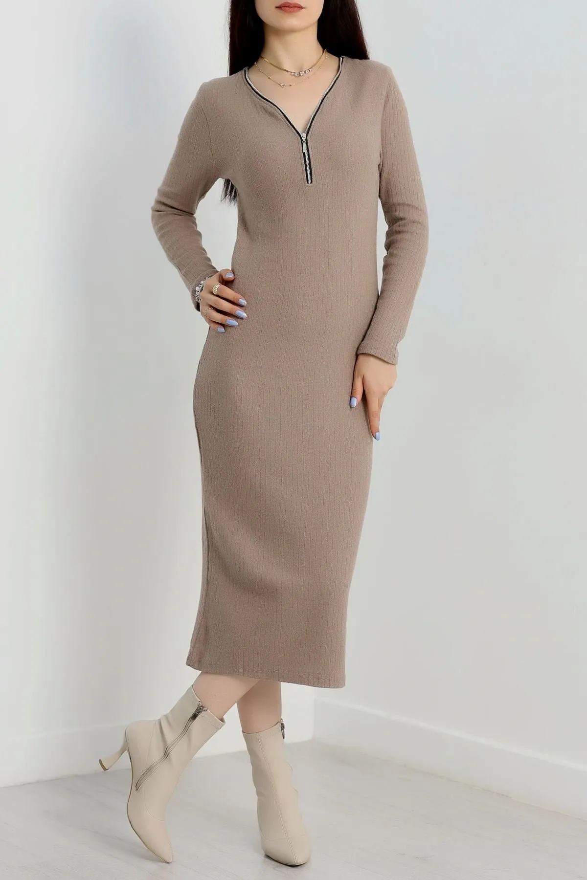 Fermuarlı Fitilli Şardonlu Kış-Bahar Elbise - 0277