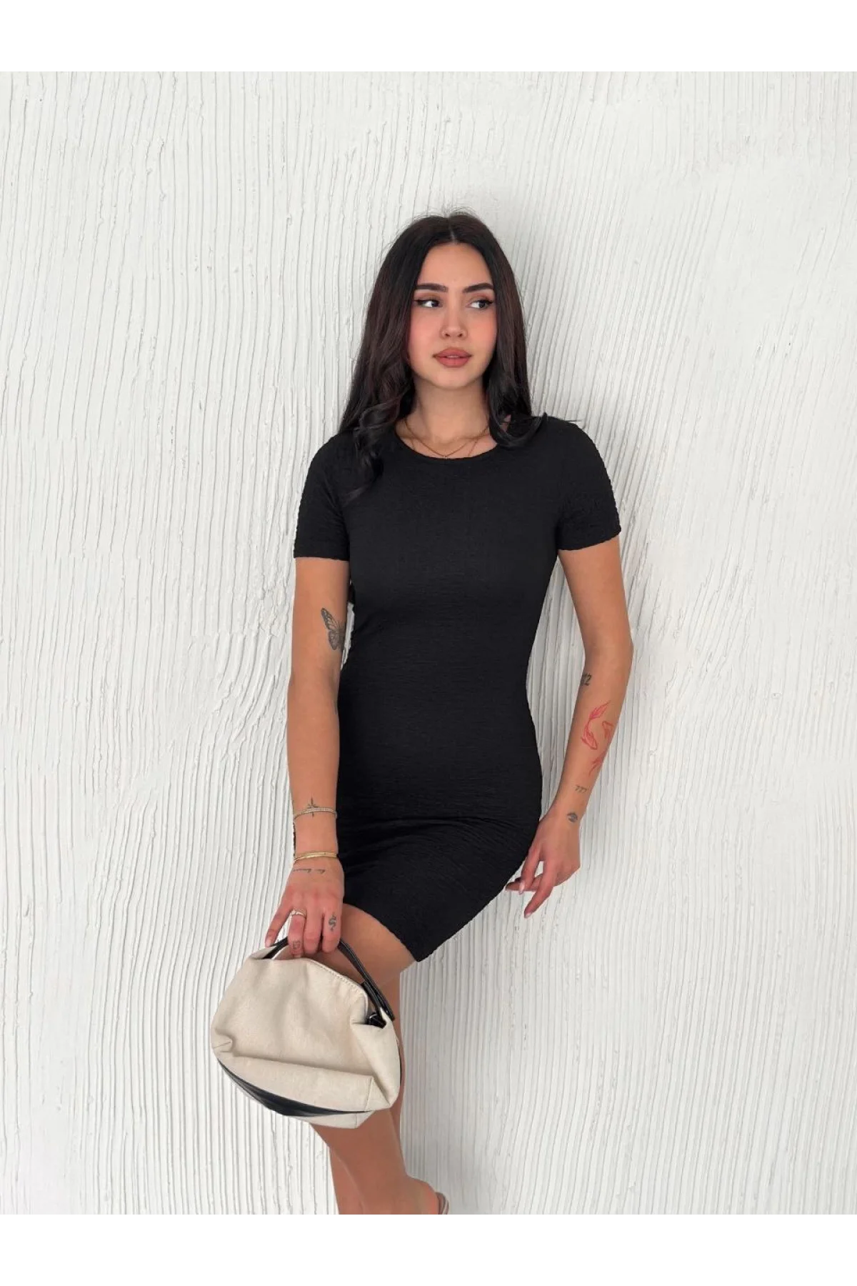 Kadın Bisiklet Yaka Kısa Kol Likralı Elbise - Siyah - 0314