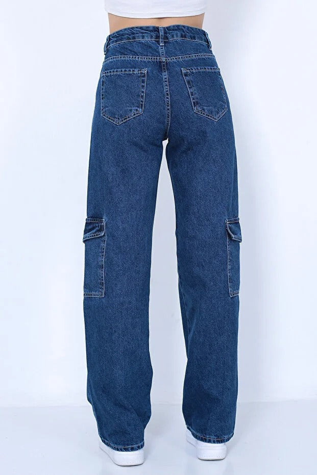 Kadın Koyu Mavi Kargo Cepli Pantolon Jeans -0307
