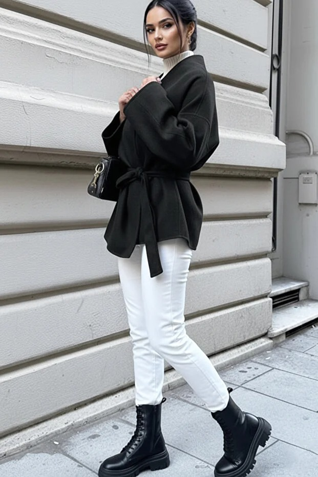 Kadın Belden Bağlamalı Oversize Ceket - Siyah Kaşe Kaban - 0228