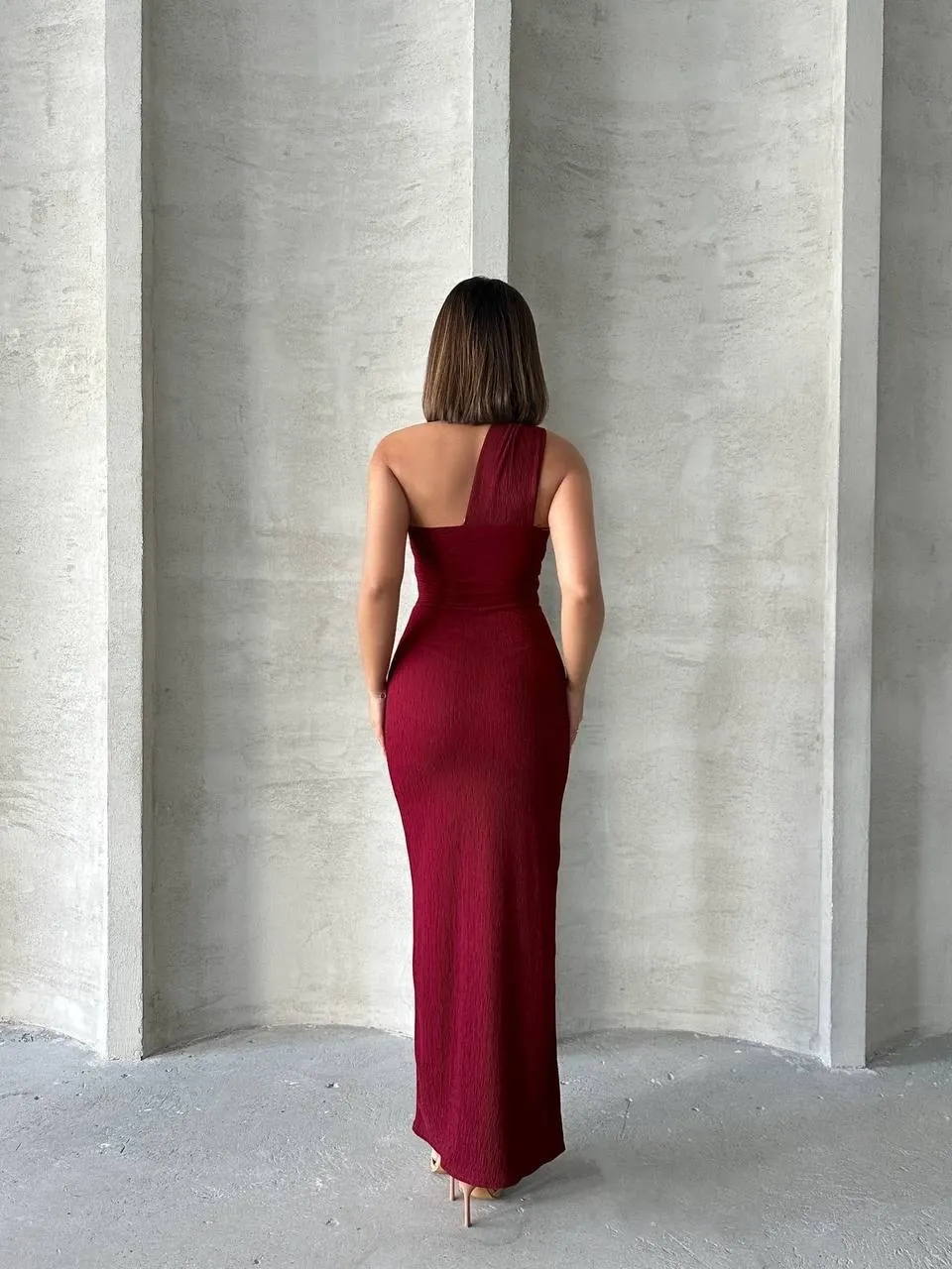 Tek Omuz Bordo Gece - Düğün Nikah Elbisesi - 0293