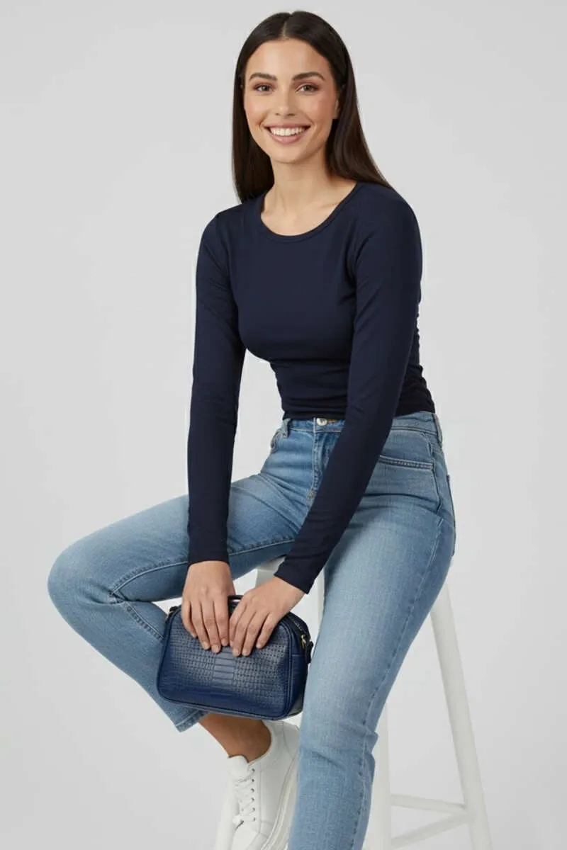 Kadın Yanı Büzgülü Bisiklet Yaka Günlük Şık Bluz - Lacivert Bluz - 0248