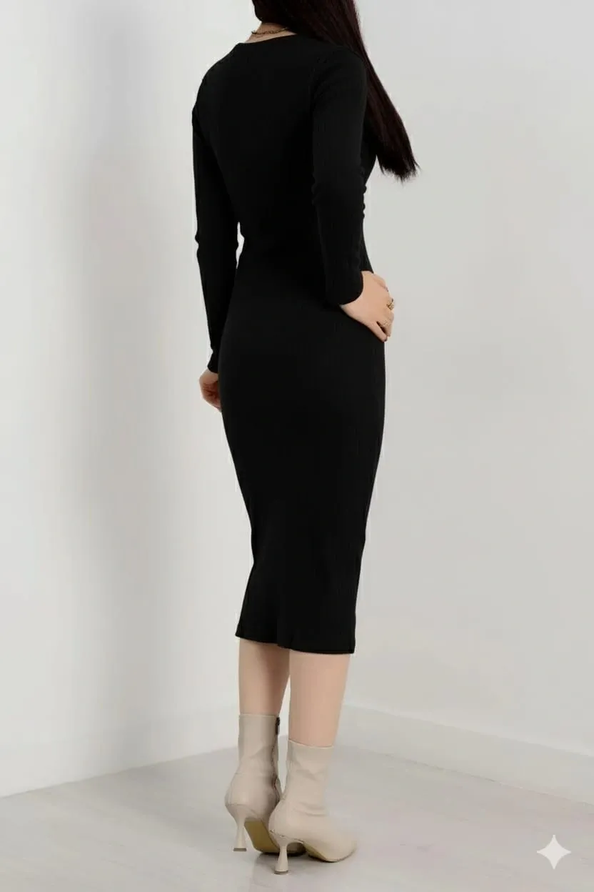 Fermuarlı Fitilli Şardonlu Kış-Bahar Elbise - 0279