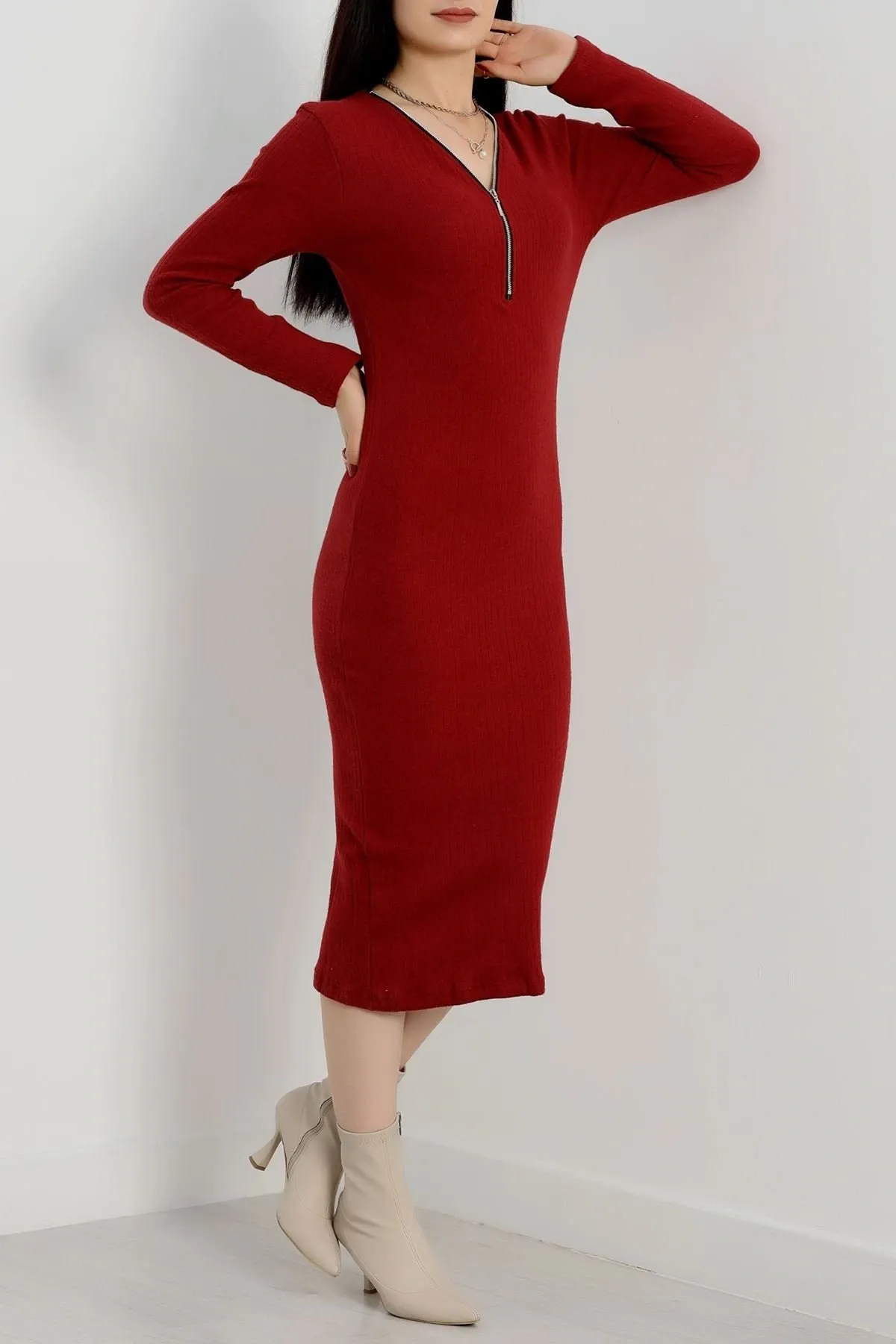 Fermuarlı Fitilli Şardonlu Kış-Bahar Elbise - 0278