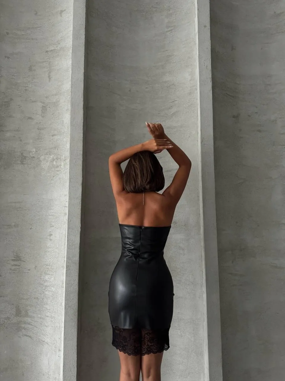 Straplez Dantelli Suni Deri Elbise - 0291