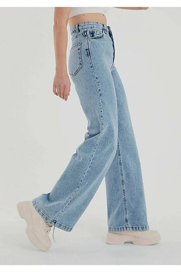 Kadın Kar Yıkama Mavi Süper Yüksek Bel Salaş Jeans Palazzo Pantolon - 0301