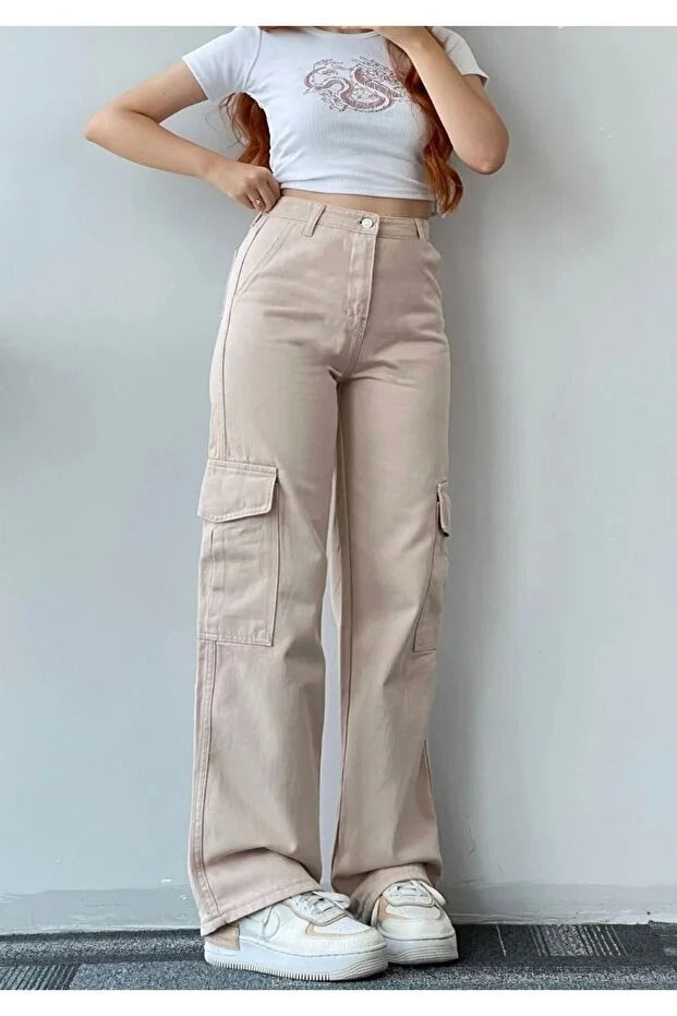 Kadın Bej Kargo Cep Palazzo Wide Leg Bej Kargo Cep Pantolon - 0306