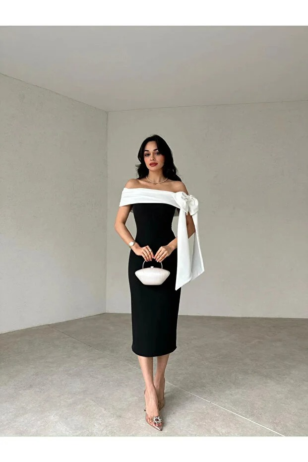 Kurdele Omuz Detaylı Madonna Yaka Özel Gece Elbise - 0226