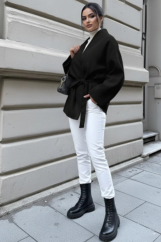 Kadın Belden Bağlamalı Oversize Ceket - Siyah Kaşe Kaban - 0228