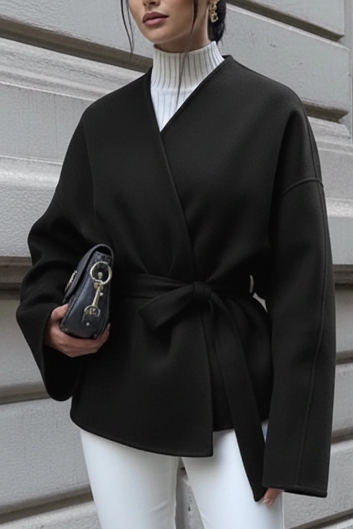Kadın Belden Bağlamalı Oversize Ceket - Siyah Kaşe Kaban - 0228