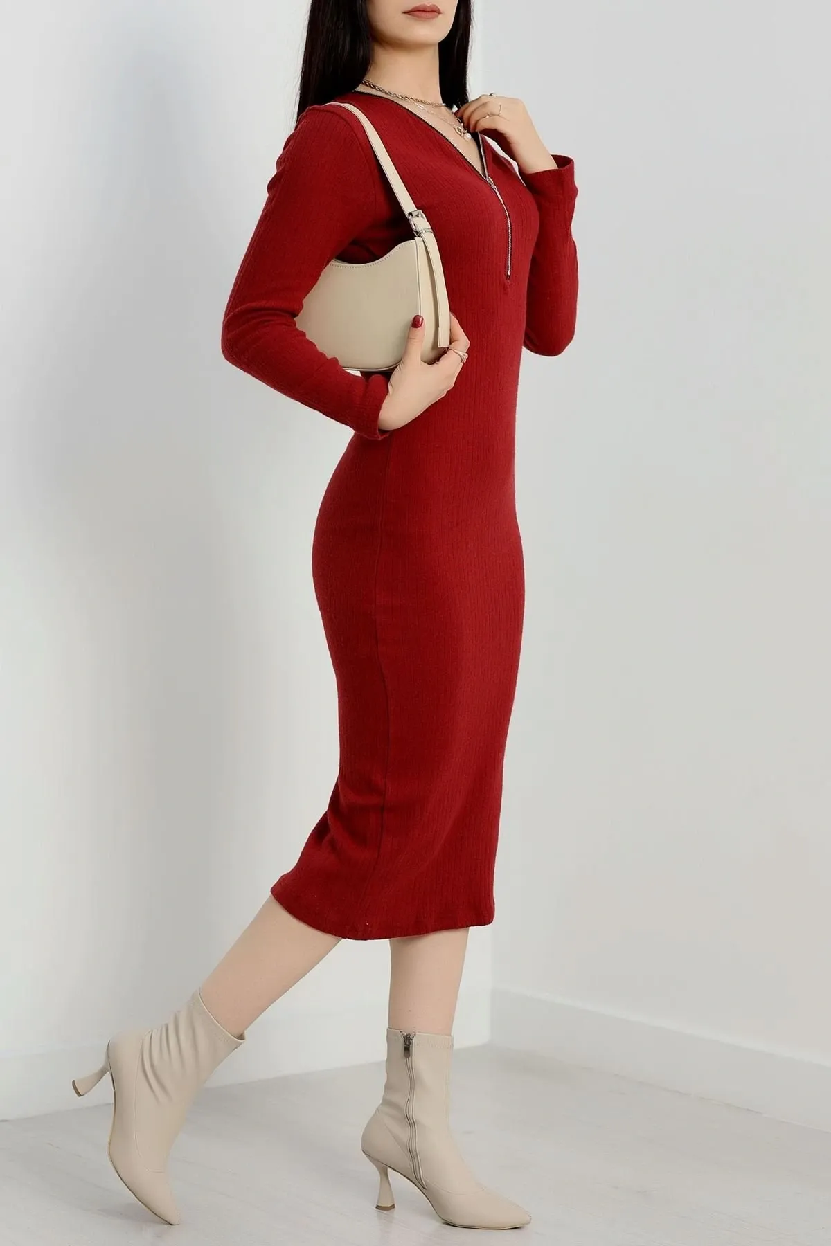 Fermuarlı Fitilli Şardonlu Kış-Bahar Elbise - 0278