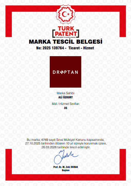 Droptan marka tescil belgesi — TÜRKPATENT, belge no 2025 139764, marka sahibi Ali Özkurt, sınıf 35