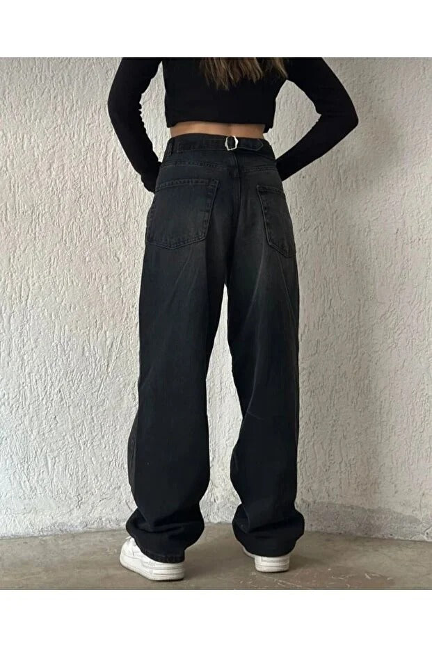 Kadın Siyah Yüksek Bel Kemer Detaylı Bol Paça Rahat Kalıp Baggy Pantolon - 0303