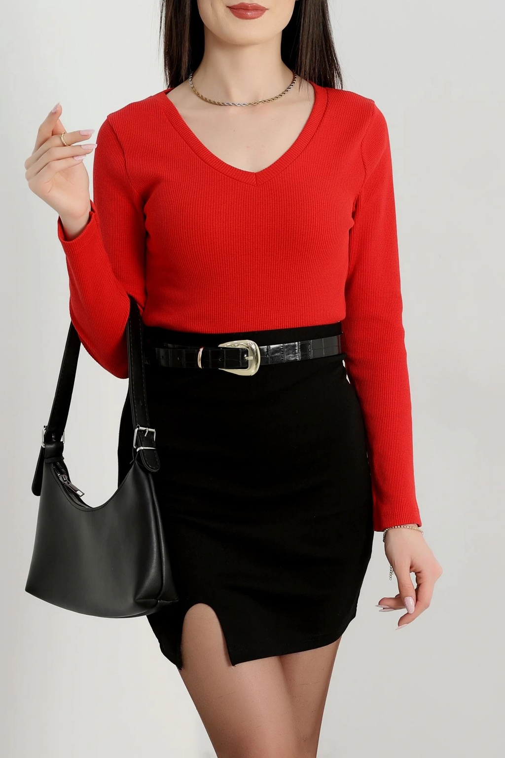 V Yaka Kaşkorse Bluz - 0175