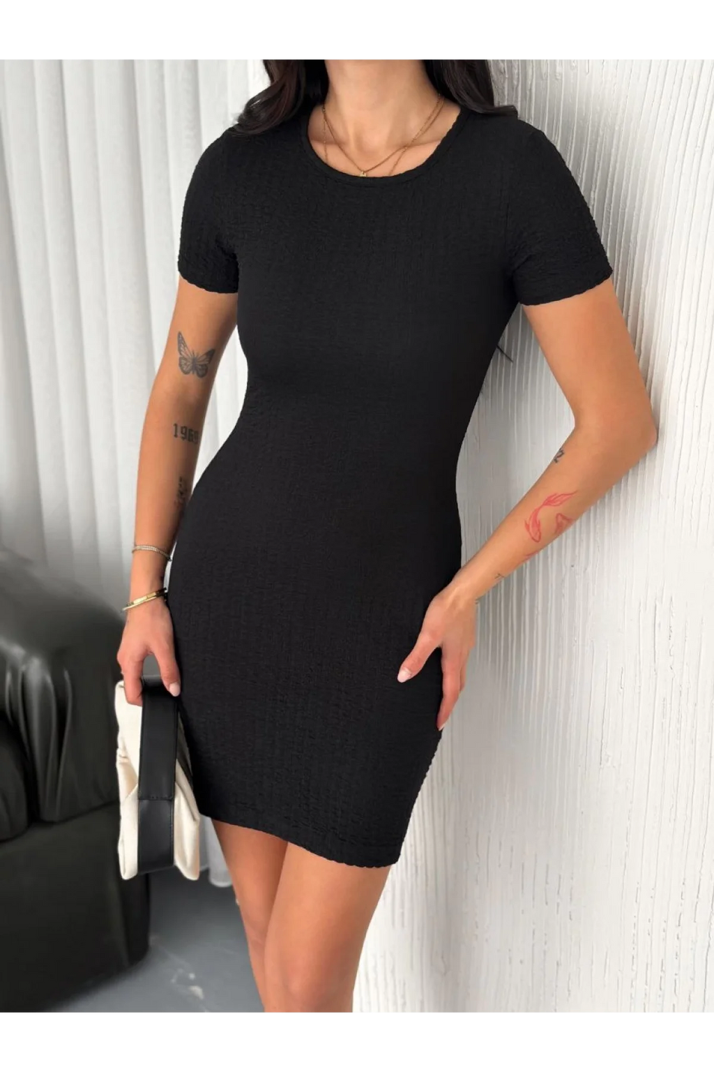 Kadın Bisiklet Yaka Kısa Kol Likralı Elbise - Siyah - 0314