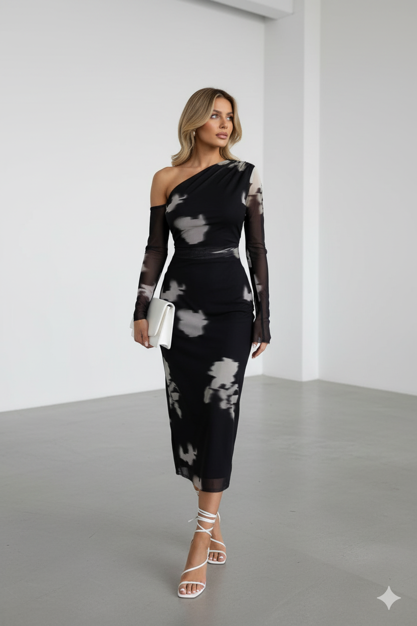 Astarlı Tek Omuz Desenli Tül Elbise - 0159