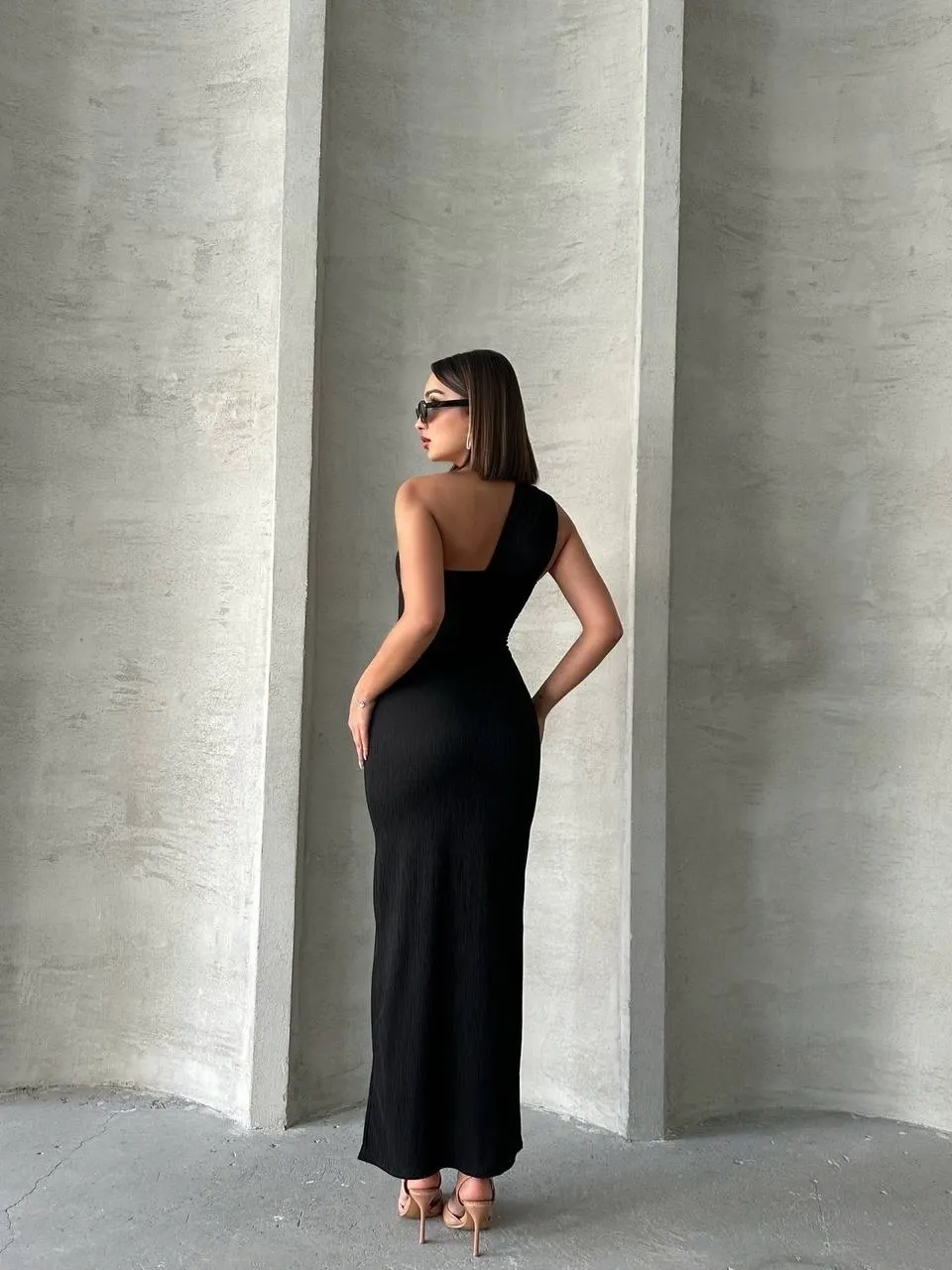 Tek Omuz Siyah Gece - Düğün Nikah Elbisesi - 0294