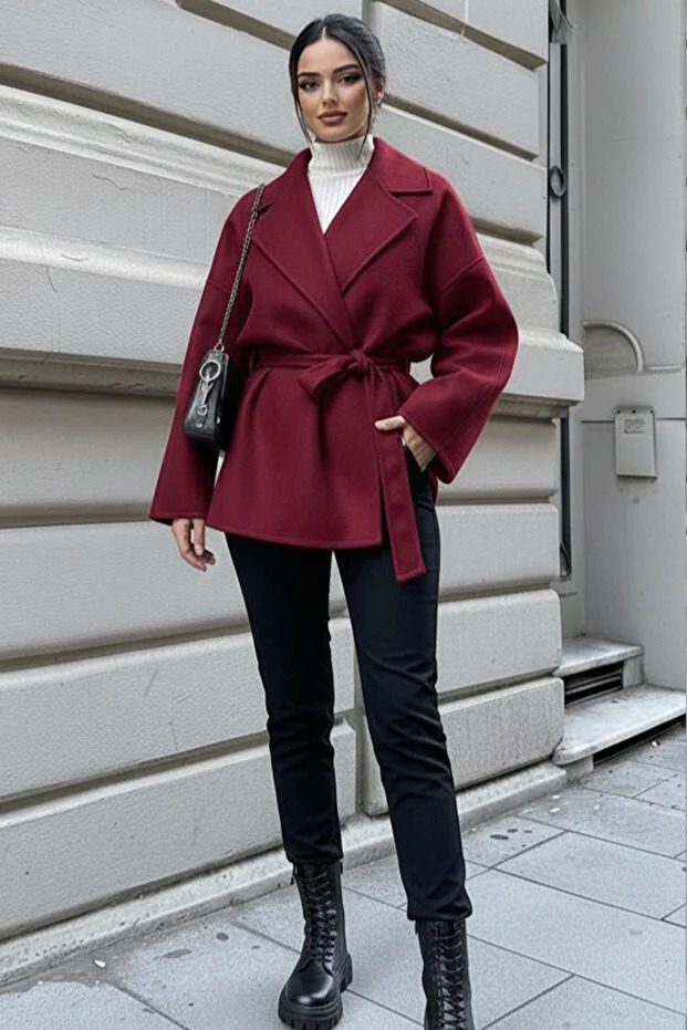 Kadın Belden Bağlamalı Oversize Ceket - Bordo Kaşe Kaban - 0227