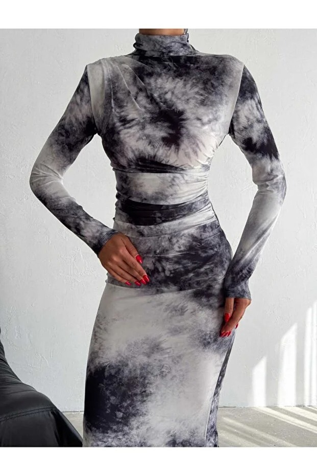 Büzgü Detaylı Sandy Balıkçı Yaka Uzun Kollu Dijital Baskı Uzun Elbise - 0297