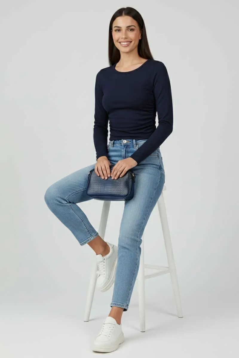 Kadın Yanı Büzgülü Bisiklet Yaka Günlük Şık Bluz - Lacivert Bluz - 0248