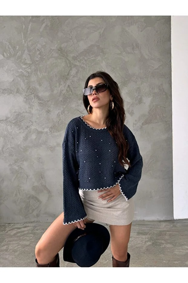 Boncuk Detaylı Reglan Kol Örme Triko Kazak - 0271