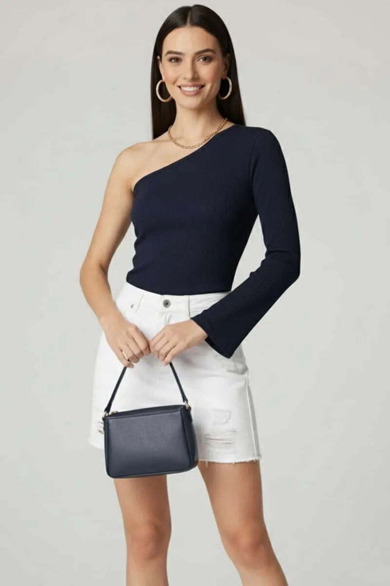 Kadın Asimetrik Yaka Tek Kol Bluz - Lacivert Bluz - 0243