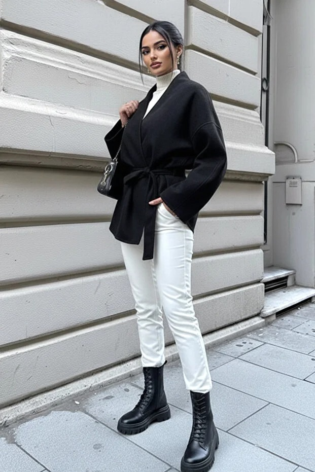 Kadın Belden Bağlamalı Oversize Ceket - Siyah Kaşe Kaban - 0228