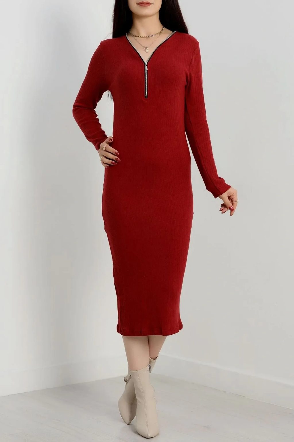 Fermuarlı Fitilli Şardonlu Kış-Bahar Elbise - 0278