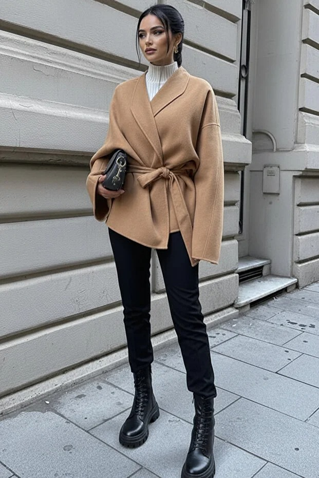 Kadın Belden Bağlamalı Oversize Ceket - Kahverengi Kaşe Kaban - 0229