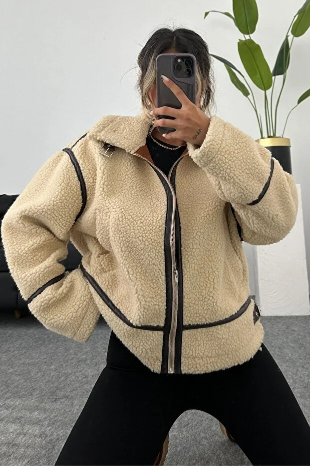 Kadın Çizgi Ve Kemer Detaylı Peluş Ceket - Polar Ceket - 0230