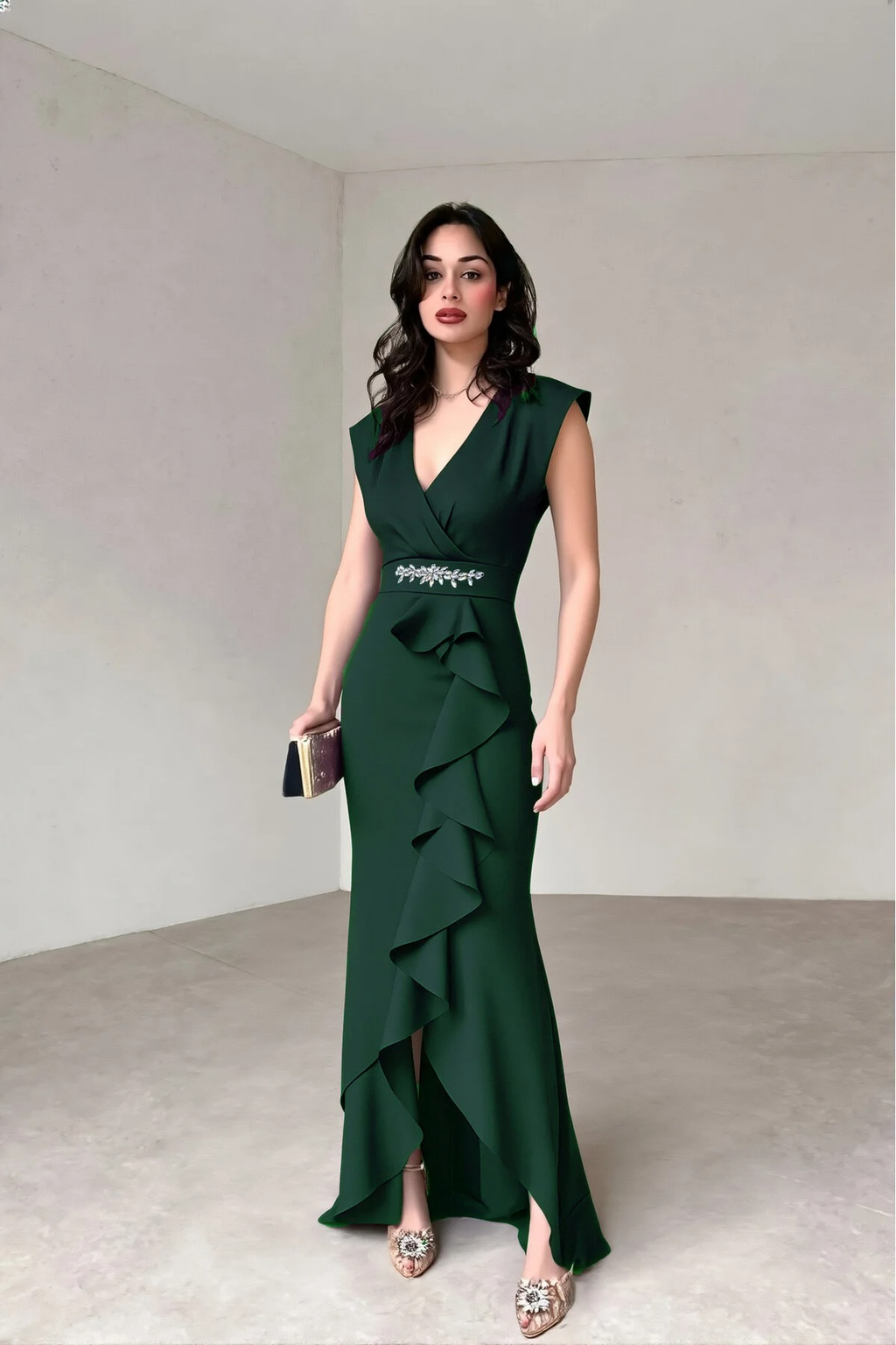 Kadın Zümrüt V Yaka Taş Detaylı Volanlı Abiye - Şık Uzun Elbise - 0235