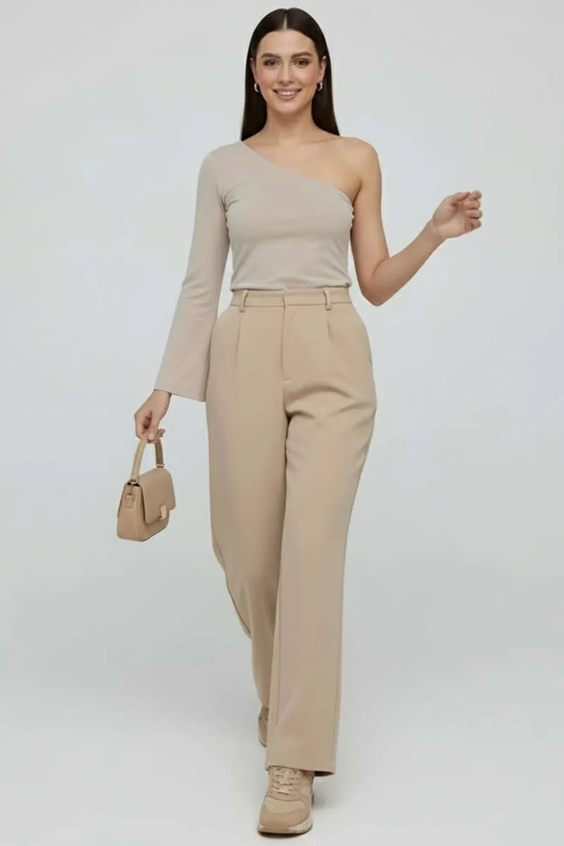 Kadın Asimetrik Yaka Tek Kol Bluz - Vizon Bluz - 0245