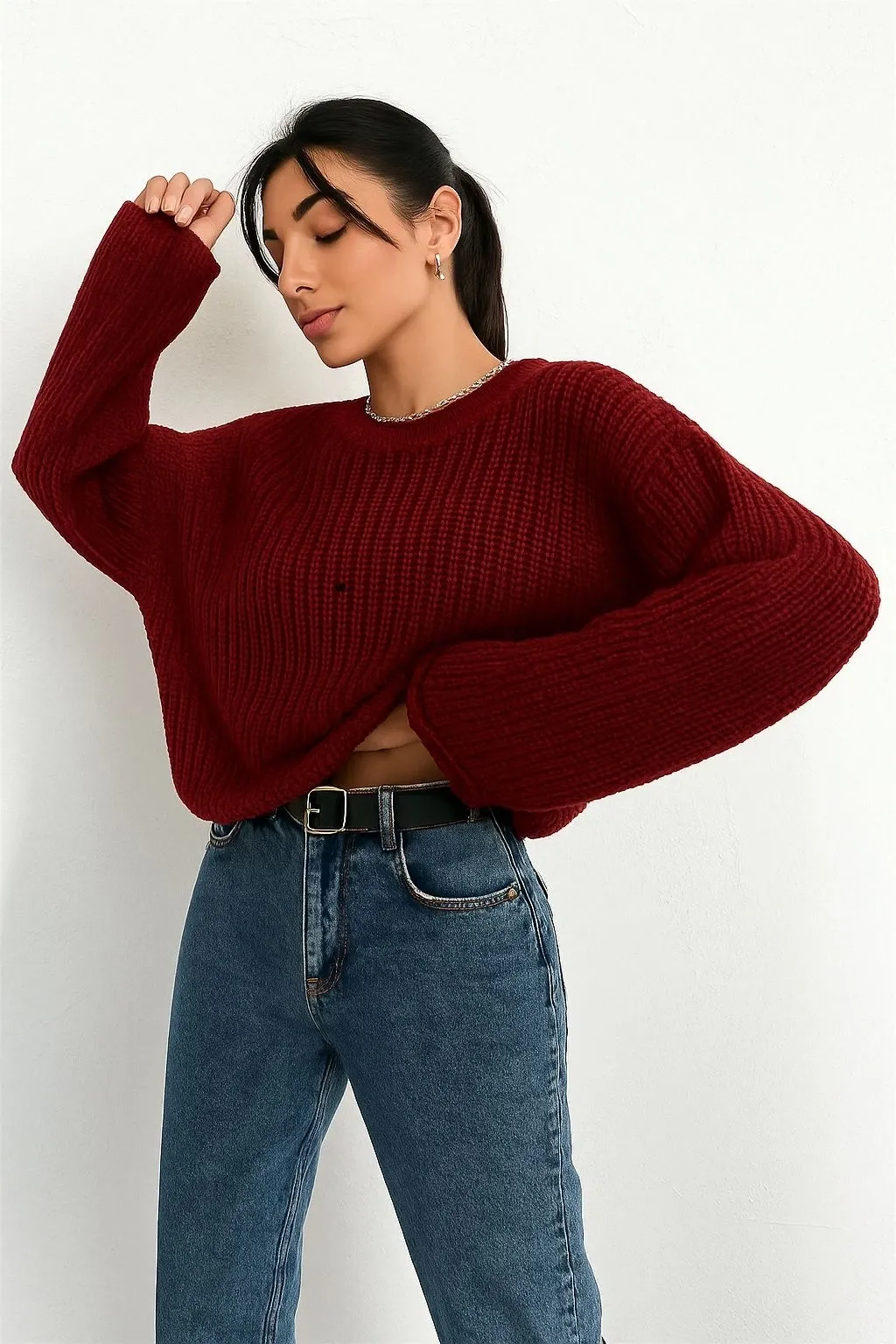 Kadın Oversize Örgü Detaylı Şık Triko Kazak - Bordo Kazak - 0246