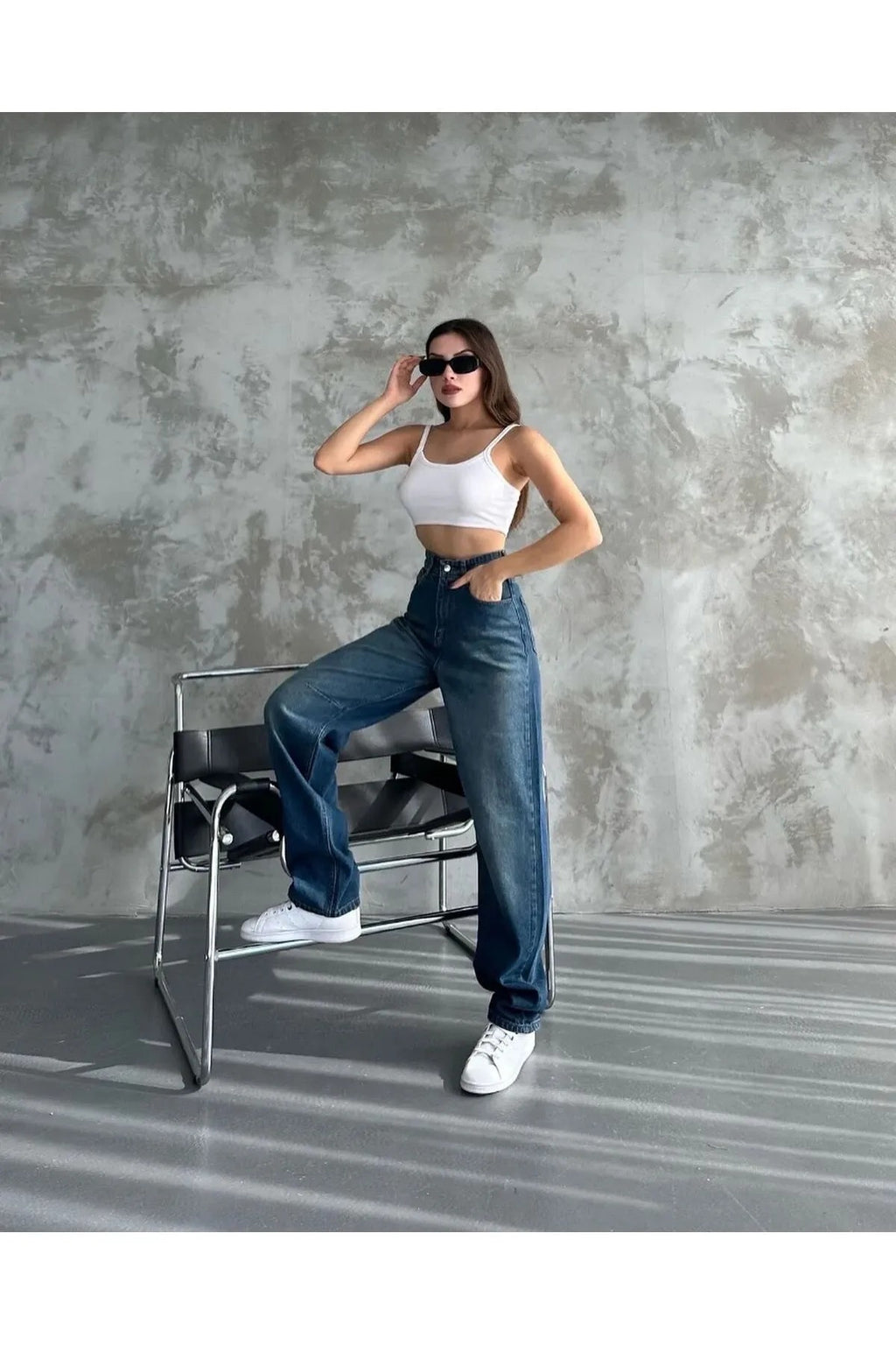 Kadın Mavi Yüksek Bel Kemer Detaylı Bol Paça Rahat Kalıp Baggy Pantolon - 0304